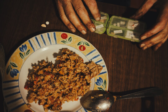 Elderly people and food with medicine