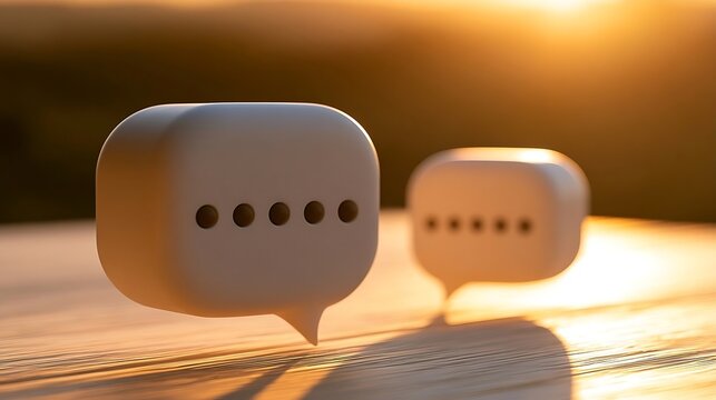 Two speech bubbles floating in the air with a warm sunset background.