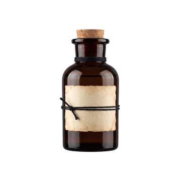 Amber apothecary bottle with blank label isolated on transparent
