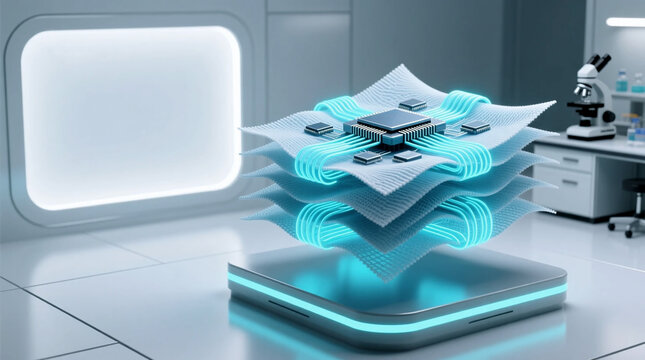 Futuristic 3D Illustration of Advanced Microchip Architecture Displaying Materials Science Nanotechnology Innovation in High Tech Research Laboratory Room