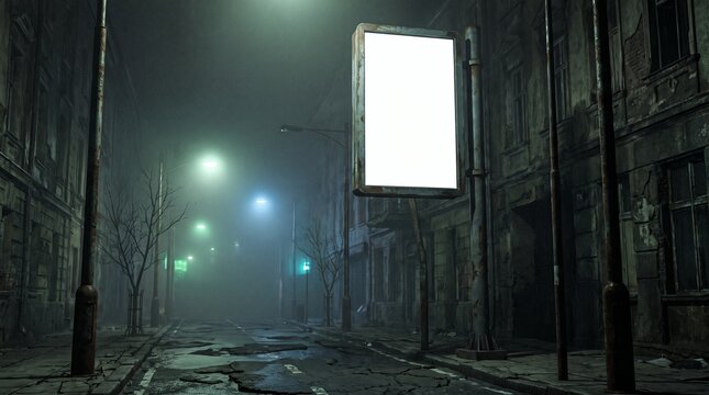 Eerie urban street at night with glowing billboard