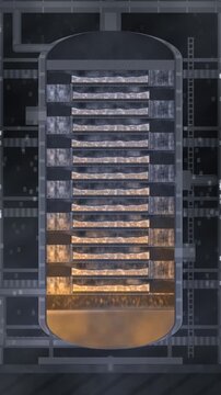 Distillation column cutaway with sieve trays, bubbling froth layers and downcomer liquid cascade, seamless loop in subtle reflux tones vertical 9:16