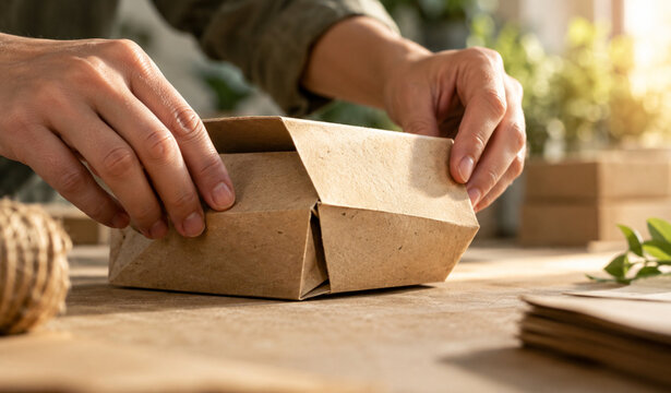 Hands Folding a Brown Cardboard Box on a Wooden Table