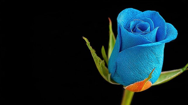Moody lighting of blue rose close up on black background, light from right creating blue gradients and three dimensional petal layers, 