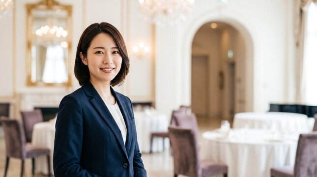 高級感あふれるパーティー会場を背景に穏やかな笑顔を見せる、知的でエレガントな20代日本人社員のプロフィールポートレート