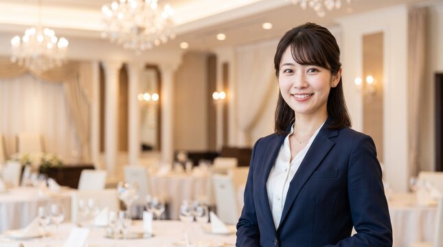 高級感あふれるパーティー会場を背景に穏やかな笑顔を見せる、知的でエレガントな20代日本人社員のプロフィールポートレート