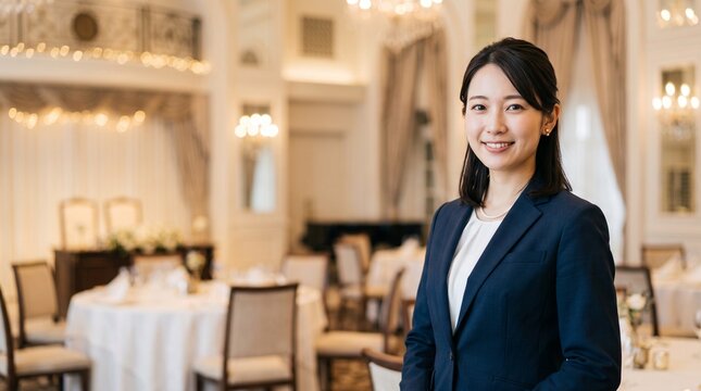 高級感あふれるパーティー会場を背景に穏やかな笑顔を見せる、知的でエレガントな20代日本人社員のプロフィールポートレート