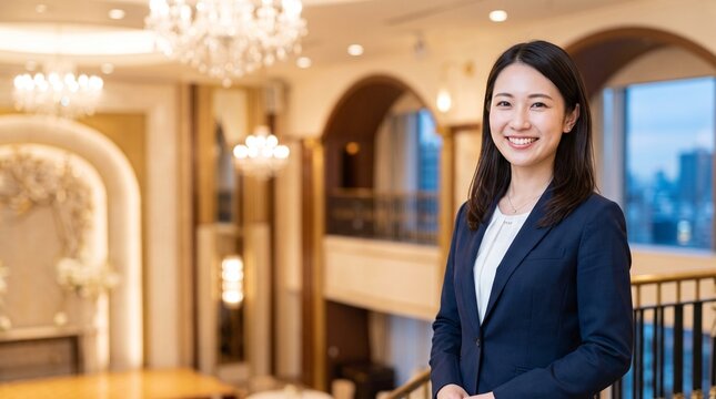 高級感あふれるパーティー会場を背景に穏やかな笑顔を見せる、知的でエレガントな20代日本人社員のプロフィールポートレート