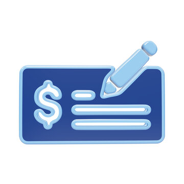 3D blue bank check icon with dollar sign and pencil writing financial document isolated on a transparent background