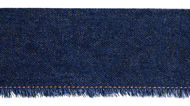 Dark blue denim fabric with frayed edge, isolated on transparent background