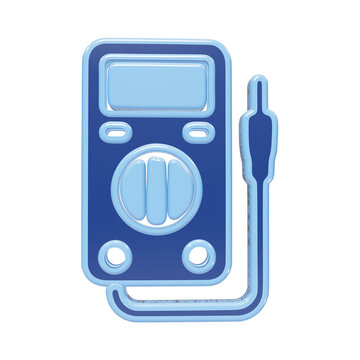 3D blue battery storage and multimeter icon with glossy finish and connected cable symbolizing electrical testing isolated on a transparent background
