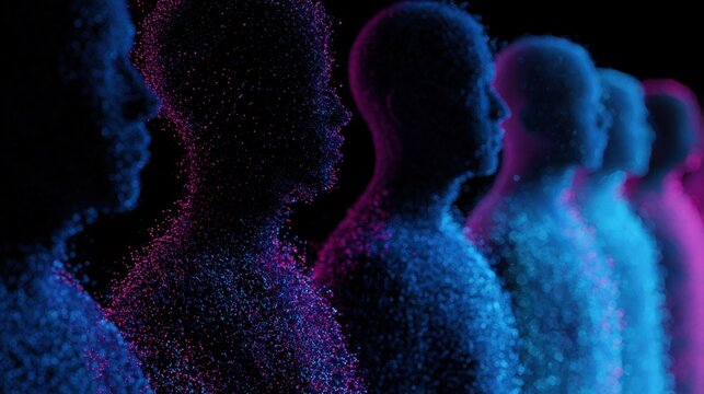 row of glowing digital human figures with colorful light on a dark background