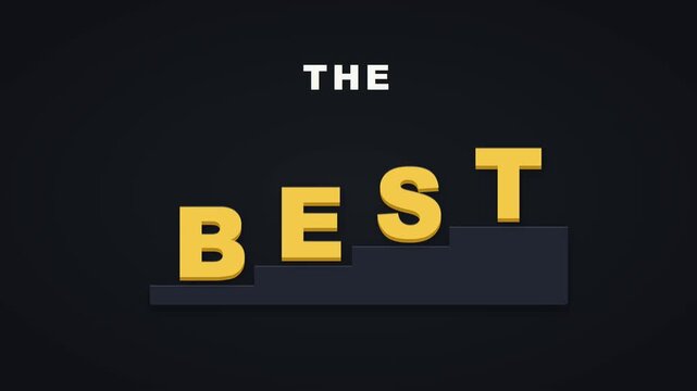 Bold THE BEST kinetic typography forming a rising champion pedestal with physical impact, sequential letter motion, metallic gold styling, centered letters on pedestals, and seamless looping animation
