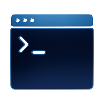 Blue metallic browser window icon with command line interface symbol for software development and coding concepts on a dark background isolated on a transparent background