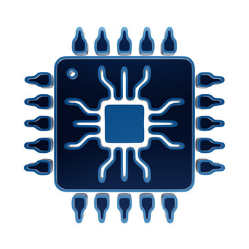 Blue metallic microchip processor icon representing advanced technology and computing hardware in a modern three dimensional style isolated on a transparent background