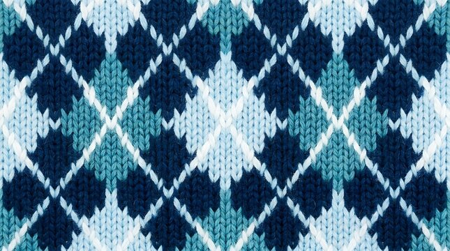 Close up of traditional blue and white argyle knitted wool fabric texture