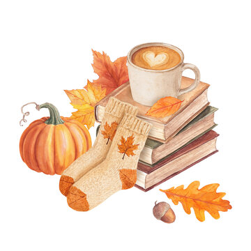 Cozy Autumn Scene with Coffee, Knitted Socks and Books Watercolor Illustration