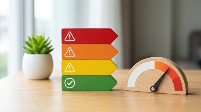 Energy efficiency rating blocks with gauge on wooden table for sustainability assessment