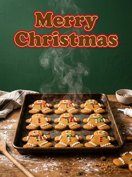 Freshly baked gingerbread men cookies on a baking sheet with steam rising and merry christmas text overlay