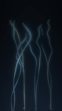 Thin smoke trails rising and spiraling wisps abstract dark background seamless loop in cool navy tones vertical 9:16