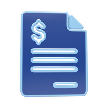 3D blue document icon with dollar sign and text lines representing financial invoice or statement isolated on a transparent background