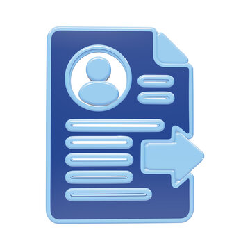 3D blue document icon with user profile and rightward pointing export arrow symbol representing data privacy information transfer isolated on a transparent background