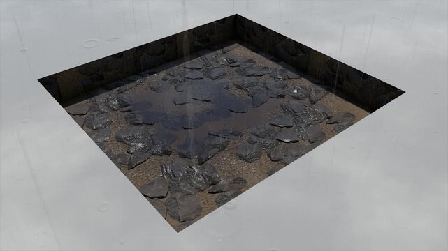 Rain falling on rough broken rocks and muddy ground in a pit