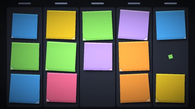 Colorful Sticky Notes Appearing and Shuffling on a Kanban Board Seamless Loop in cool yellow tones