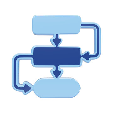 3D blue flowchart diagram with interconnected rectangular process steps and directional arrows in a looped structure for workflow planning isolated on a transparent background