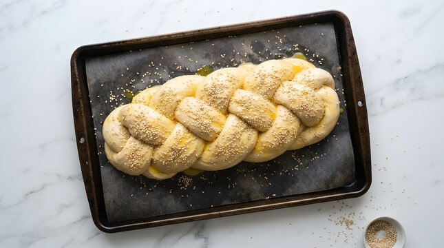 Raw braided bread dough with sesame seeds on baking sheet