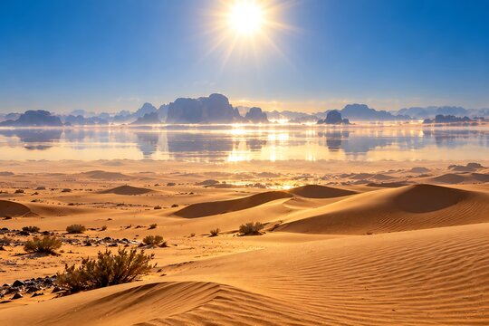 Golden sunrise over the Wadi Rum desert landscape with reflective mirage horizon