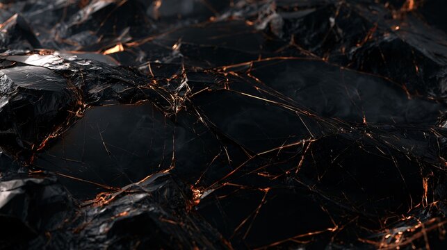 A fractured obsidian-like surface creates premium dark Halloween textures with glossy black planes, razor-thin cracks, subtle smoky reflections, and faint copper-orange light tracing selected edges