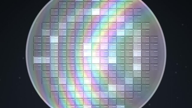 Semiconductor silicon wafer with microchip die grid rotating under inspection light with iridescent rainbow diffraction, seamless loop in soft platinum tones