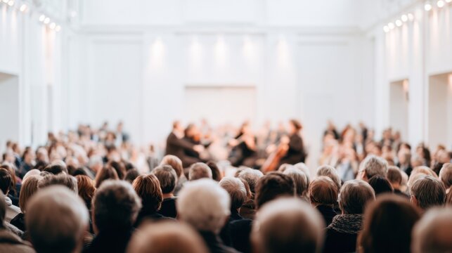 rear view of a large audience attending a blurred conference or classical music concert