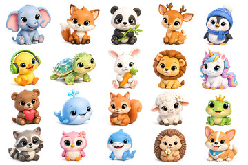 Obraz premium Cute baby animals character mega collection set with 3D render little wildlife pets including elephant fox panda lion unicorn bear whale shark isolated on white background
