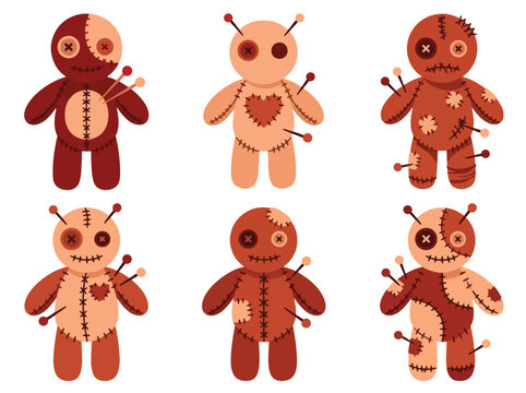 Set of six stitched voodoo style fabric dolls with pins.