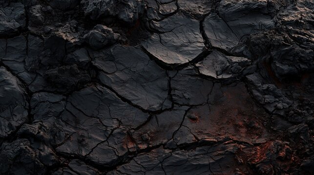 A wall of dried black clay forms primitive dark Halloween textures through shrinking cracks, raised fragments, dusty recesses, and subtle reddish undertones visible beneath the deeply shadowed surface