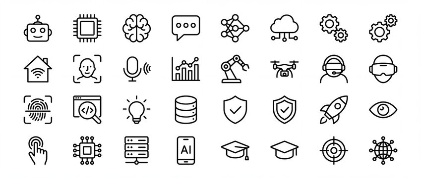 Set of black line icons representing artificial intelligence and