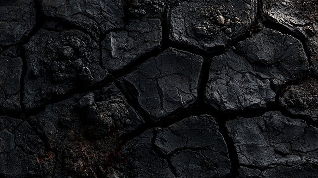 A wall of dried black clay forms primitive dark Halloween textures through shrinking cracks, raised fragments, dusty recesses, and subtle reddish undertones visible beneath the deeply shadowed surface