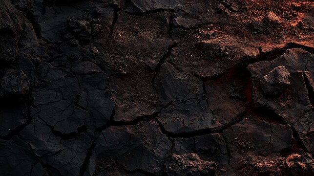 A wall of dried black clay forms primitive dark Halloween textures through shrinking cracks, raised fragments, dusty recesses, and subtle reddish undertones visible beneath the deeply shadowed surface