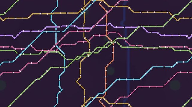 Slow Zoom Out Pulling Back to Reveal a Colorful Metro Route Map Network With Interchange Stations, Seamless Loop in subtle plum tones