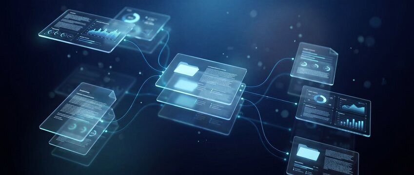 Digital data network with floating holographic interface panels on a