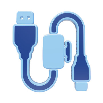 3D blue usb cable icon illustrating data privacy and digital connectivity security concepts isolated on a transparent background