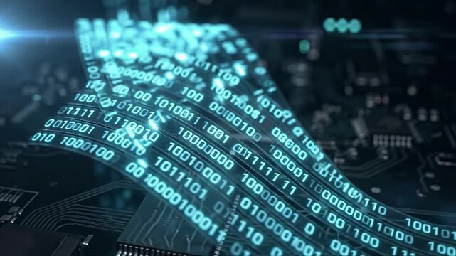 continuous motion of blue binary code stream flowing along a curved ribbon path over a dark circuit board background.