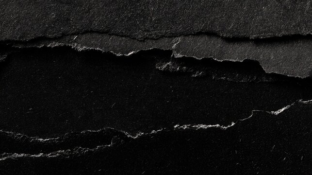 Dark Halloween textures appear across overlapping sheets of torn charcoal paper, with irregular ripped edges, layered shadows, exposed fibers, and subtle tonal differences creating abstract depth
