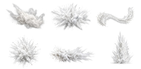 Obraz premium Set of White Powder Explosions and Dust Clouds Isolated on Transparent Background