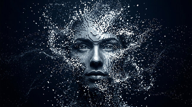 Human face dissolving into floating digital voxels and dark particle dust