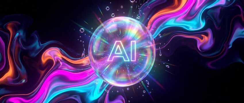 Neon AI text inside a glowing liquid crystal sphere with vibrant