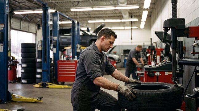 Auto mechanic rolling tire in repair garage, professional car maintenance workshop