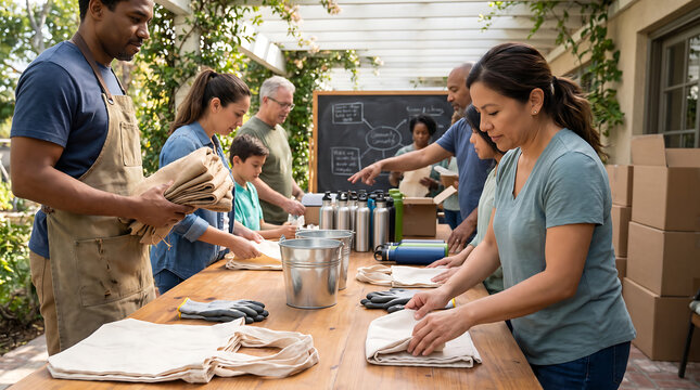 Diverse group of volunteers working together to organize reusable bags, metal bottles, and supplies for a community charity event or humanitarian aid project outdoors.